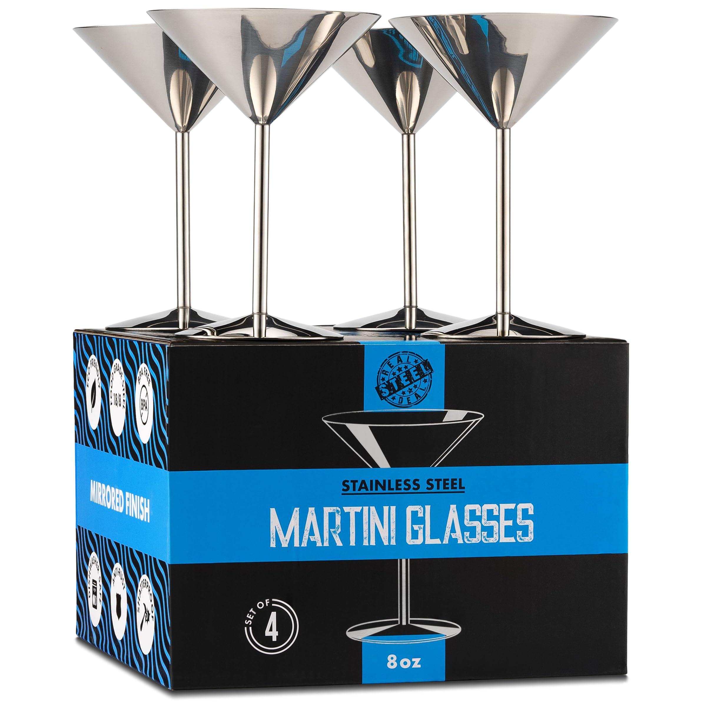 Stainless Steel Martini Glasses: Set of 4, Shatterproof 8 oz Metal Cocktail Glasses, Unbreakable,... | Amazon (US)