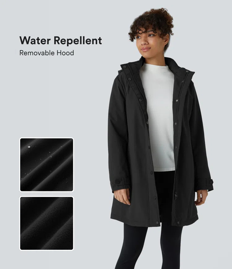 Women’s Water Repellent Removable Hood Stand Collar Button Zipper Long Sleeve Side Pocket Longl... | HALARA