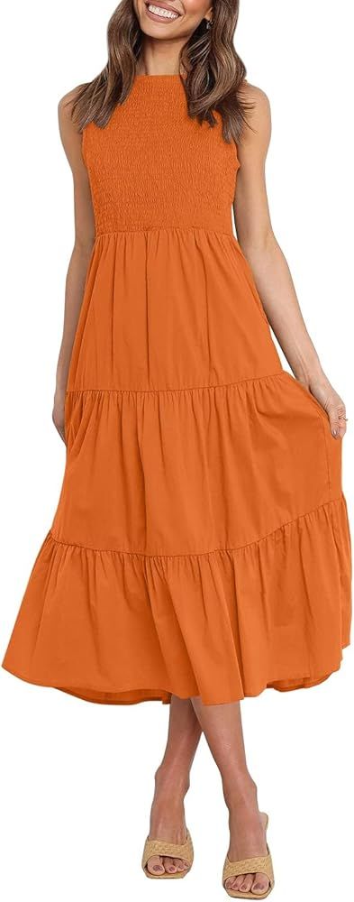 ZESICA Women's 2024 Summer Casual Sleeveless Crew Neck Smocked High Waist Flowy Tiered A Line Mid... | Amazon (US)