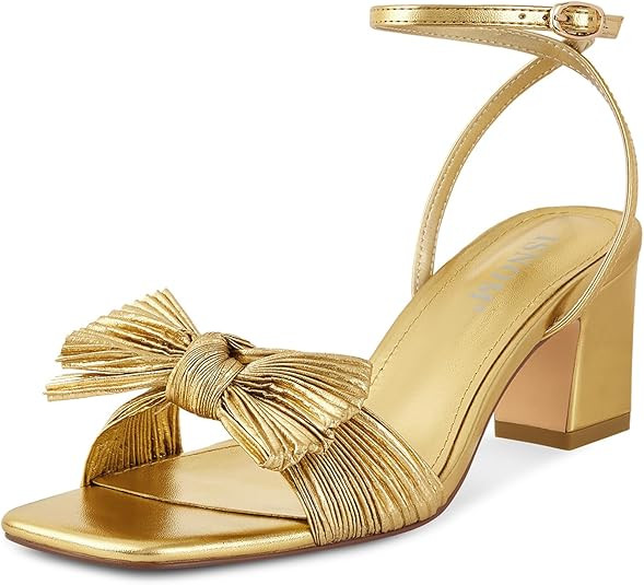 ISNOM Women's Bow Knot Heeled Sandals Ankle Buckle Strap Open Toe Block Chunky Heels Bride Weddin... | Amazon (US)