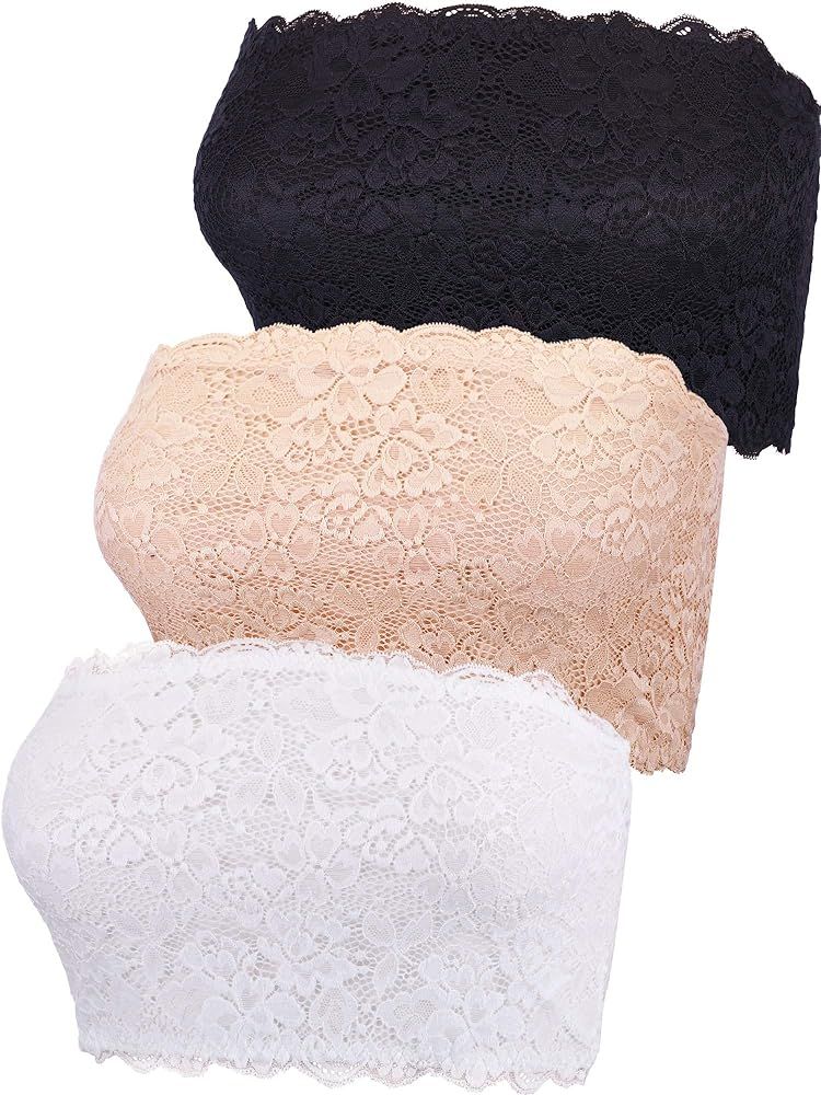 Boao 3 Pieces Women's Floral Lace Strapless Bras Tube Top Bandeau Seamless Stretchy Chest Wrap | Amazon (US)