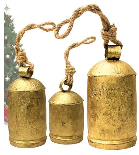 Decorative Cow Bells Set of 3 Large Harmony Bells - Vintage Giant Christmas Bells, Country Rustic Cowbell on Jute Rope XL Hanging Lucky Golden Bells (4"-6"-8") | Amazon (US)