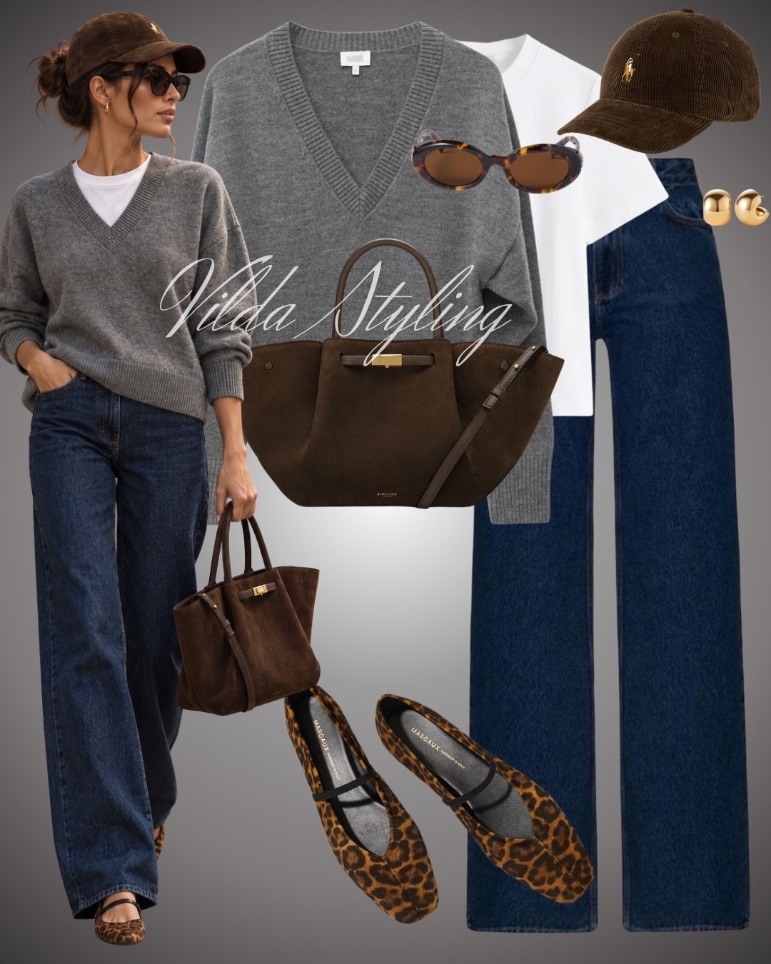 Casual fall style with a little leopard print 🐆🍂 A grey V-neck knit, dark wide-leg jeans and brown accessories make this an easy everyday outfit.

#LTKautumn #LTKjeans #LTKstyletip
