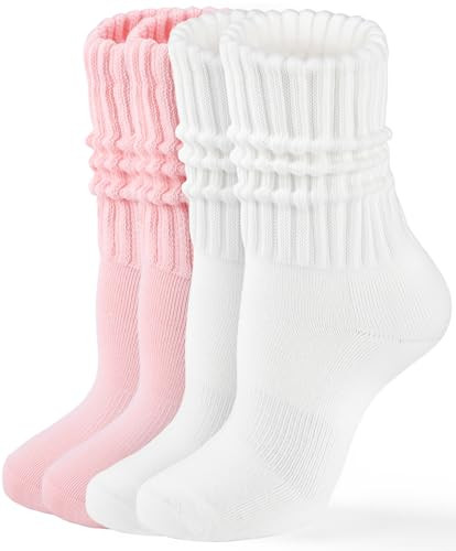 HONGTEYA Crew Socks for Women Cozy Cotton Slouchy Athletic Socks Slouch Boot Calf Workout Socks Size 5-11 (US, Alpha, One Size, Regular, Tall, 2 Pairs White/Pink) | Amazon (US)