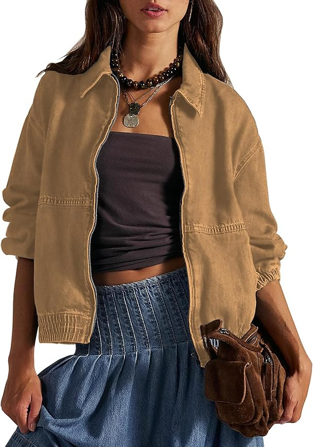 Womens Denim Jackets Long Sleeve Zip Up Elastic Hem Classic Loose Jean Bomber Jacket Outfit | Amazon (US)