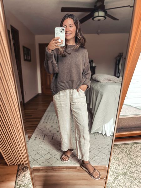 Wearing size small in my sweater (heather brown color), xs in my linen pants (sand color), and my teva sandals fit true to size.  I linked a few more styles/colors of tevas as well. 

#LTKFindsUnder100 #LTKFindsUnder50 #LTKStyleTip