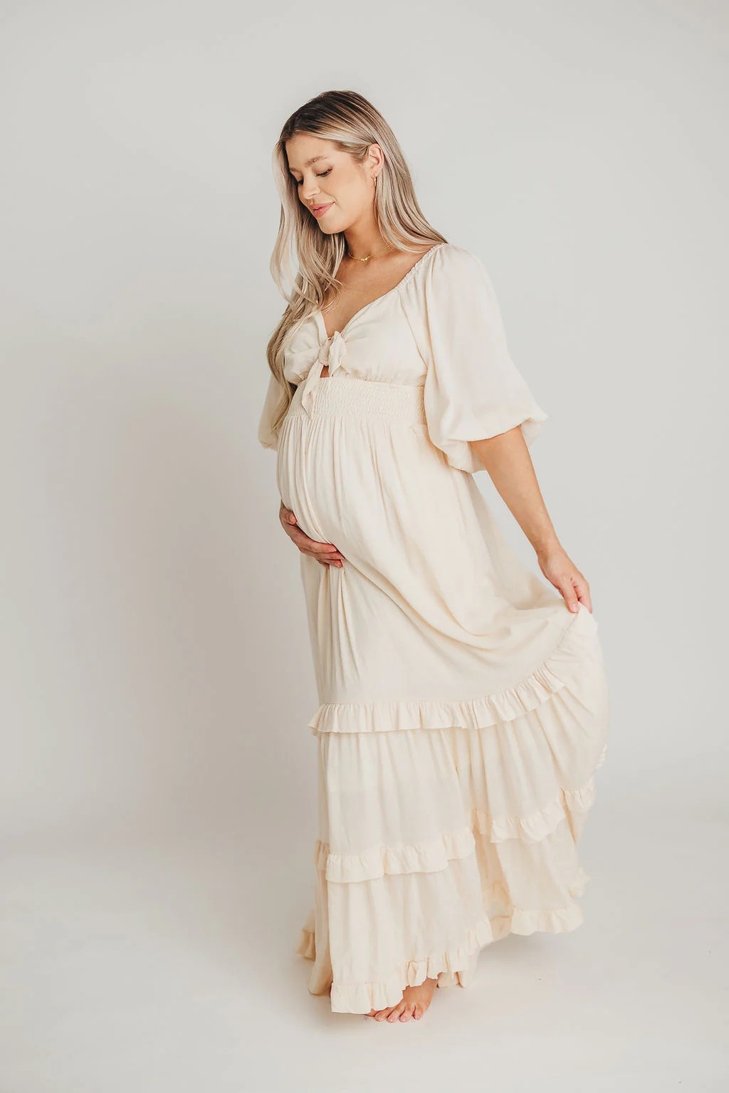 Eleanor Ruffle Detail Maxi Dress in Cream - Bump Friendly & Inclusive | Worth Collective