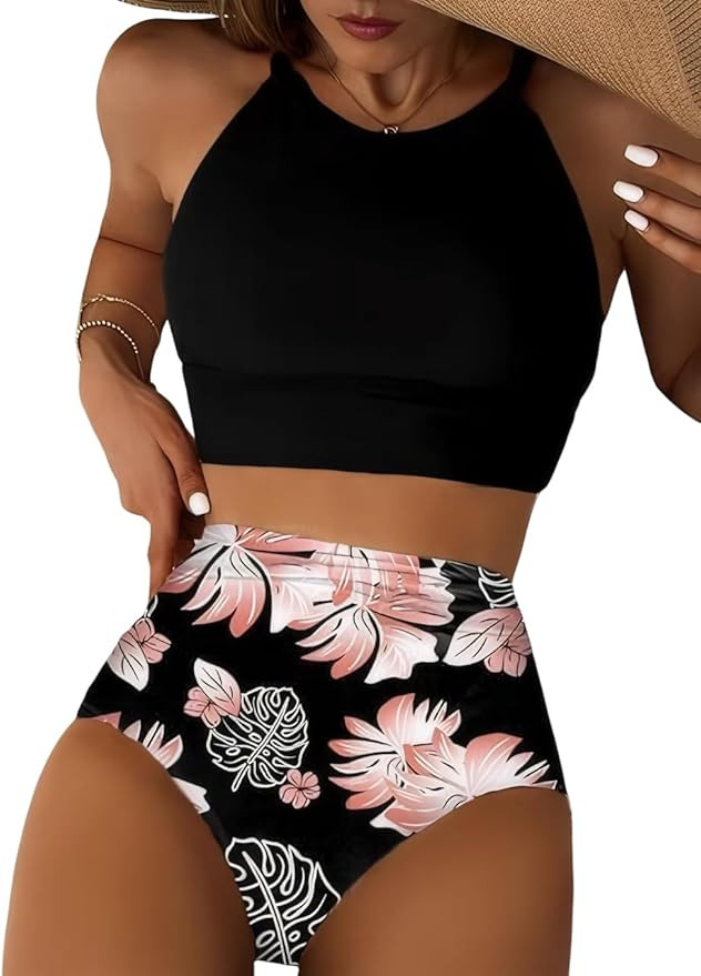Herseas Women's Bikini Sets High Neck Tropical Leaf Print High Waisted Two Pieces Swimsuits Bathi... | Amazon (US)