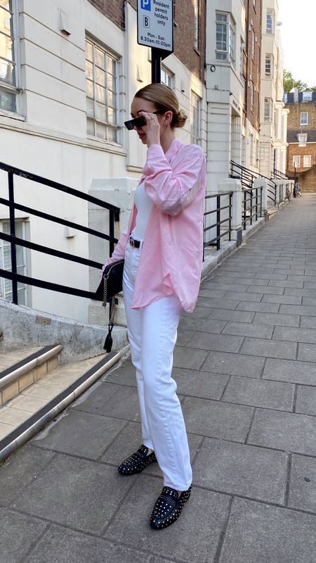 Minimal street style, casual elegant, easy outfit, everyday style, outfit inspiration, clean girl aesthetic, white outfit, white straight jeans, white bodysuit, black loafers, black diorsignature rectangular sunglasses, black belt, light pink shirt, baby pink button down, rose linen shirt 

#LTKstyletip #LTKfit