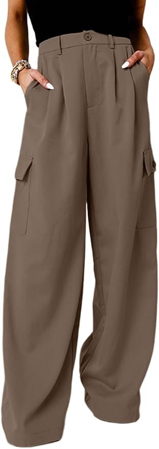 Dokotoo Womens High Waisted Wide Leg Cargo Pants Baggy Casual Work Pants with 4 Pockets | Amazon (US)