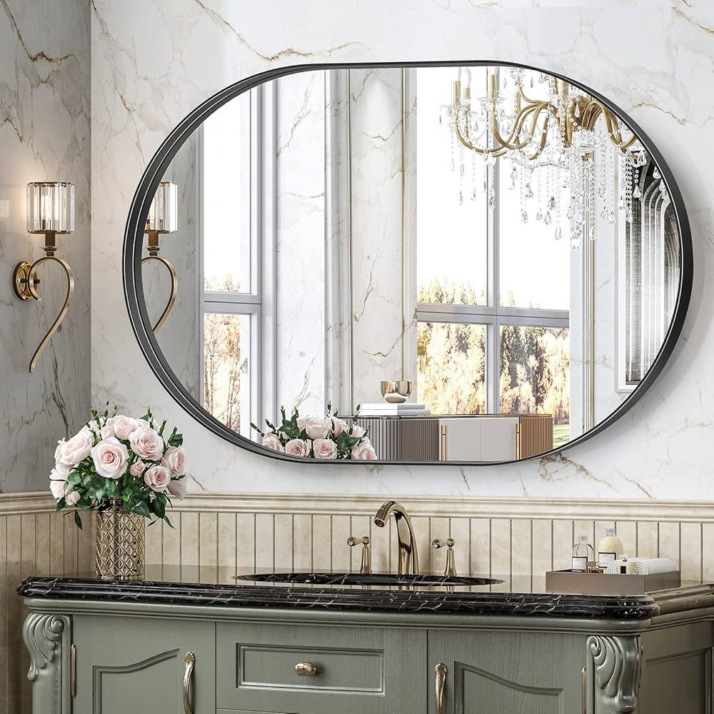 Brightify Black Oval Mirror for Wall 30x42 Inch, Metal Framed Bathroom Vanity Mirrors, Modern Pil... | Amazon (US)