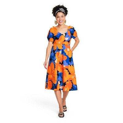 Women's Floral Print Puff Sleeve Tie-Back Midi Dress - Tabitha Brown for Target Orange/Blue | Target
