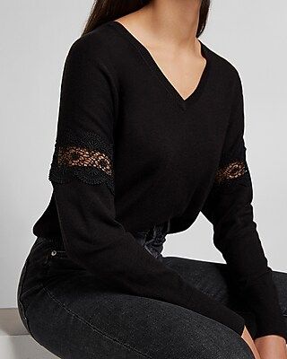 Lace Inset Drop Shoulder V-Neck Sweater | Express