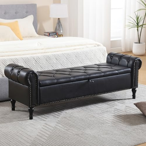 HOMYKA Leather Storage Bench 67 Inch Upholstered Tufted Ottoman Bench with Arms King Size End of Bed Bench for Bedroom Living Room Entryway Black | Amazon (US)