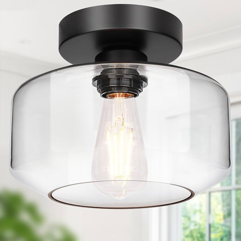 Industrial Semi Flush Mount Ceiling Light, 800 Lumen LED Bulb Included, Clear Glass Shade Ceiling... | Amazon (US)