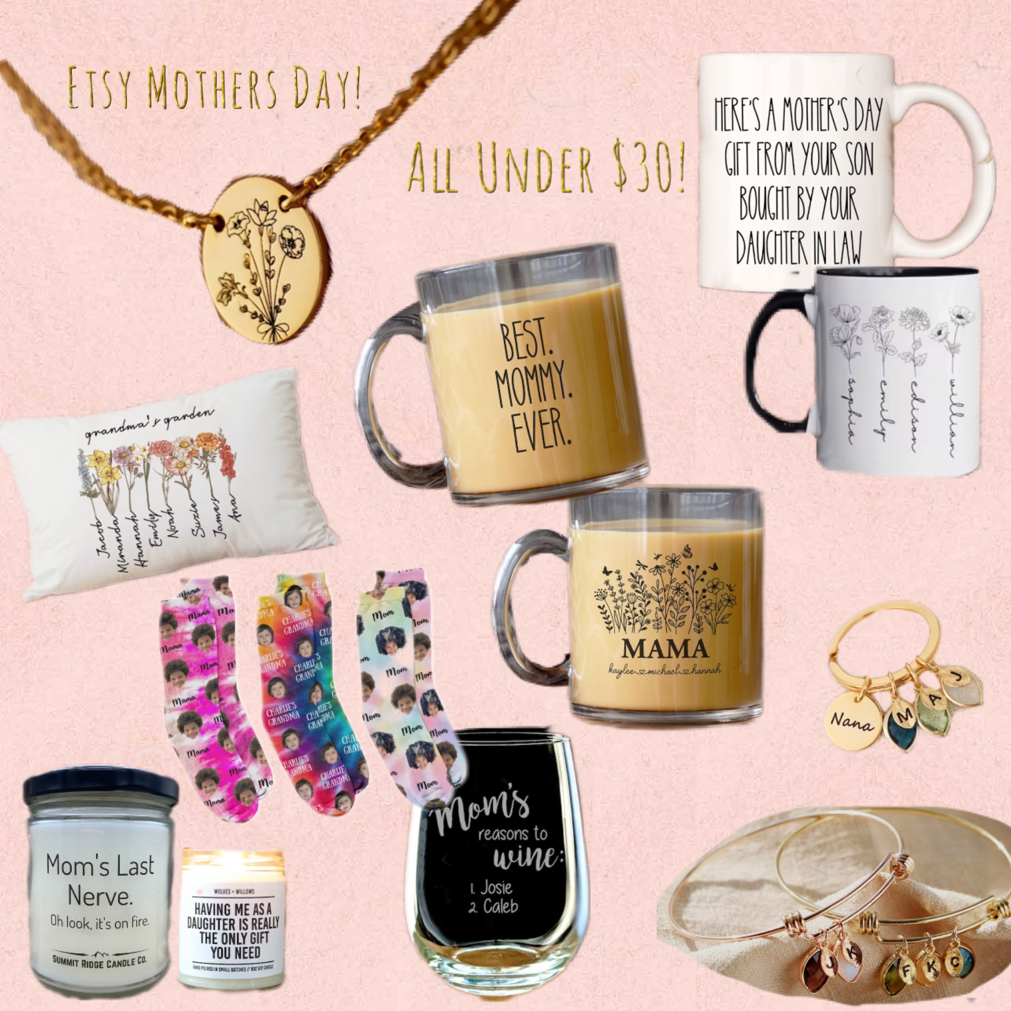 Mother day gifts all from Etsy and all under $30 most being under $20! 
Custom coffee mugs, wine glass, candles, pillow, birth flower necklace and more! 

#LTKSeasonal #LTKGiftGuide #LTKunder50