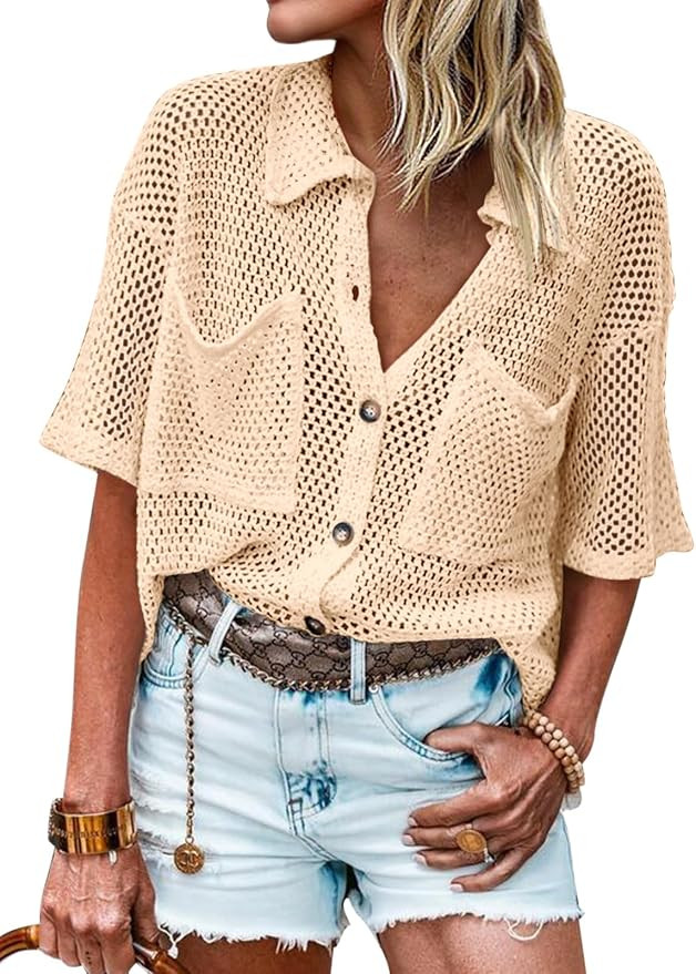 Fisoew Womens Crochet Lightweight Cardigan Sweaters Short Sleeve Summer Button Down Collared Loos... | Amazon (US)