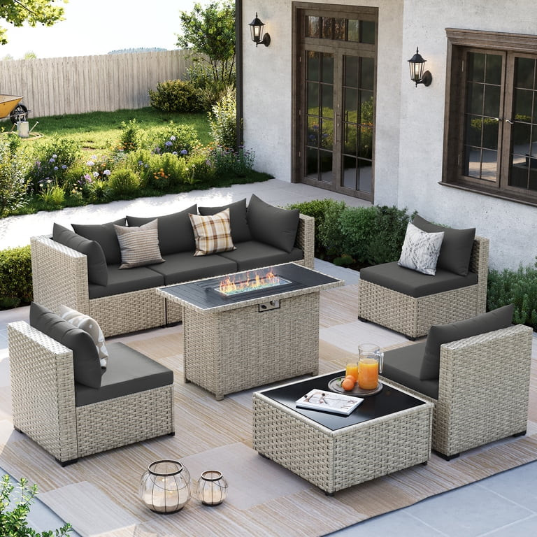Amopatio 8 Pieces Patio Conversation Set With Firepit, Outdoor Sectional PE Rattan Wicker Furnitu... | Walmart (US)