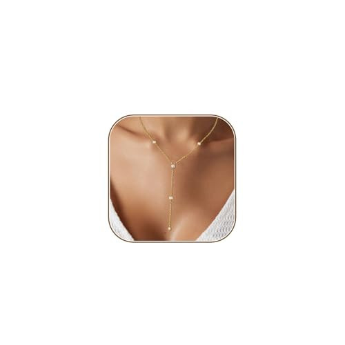 HERIER Gold Necklace for Women Dainty Lariat Y Necklace 14k Gold Plated Long Cubic Zirconia Pendant Necklaces Trendy Simple Gold Jewelry Gifts | Amazon (US)