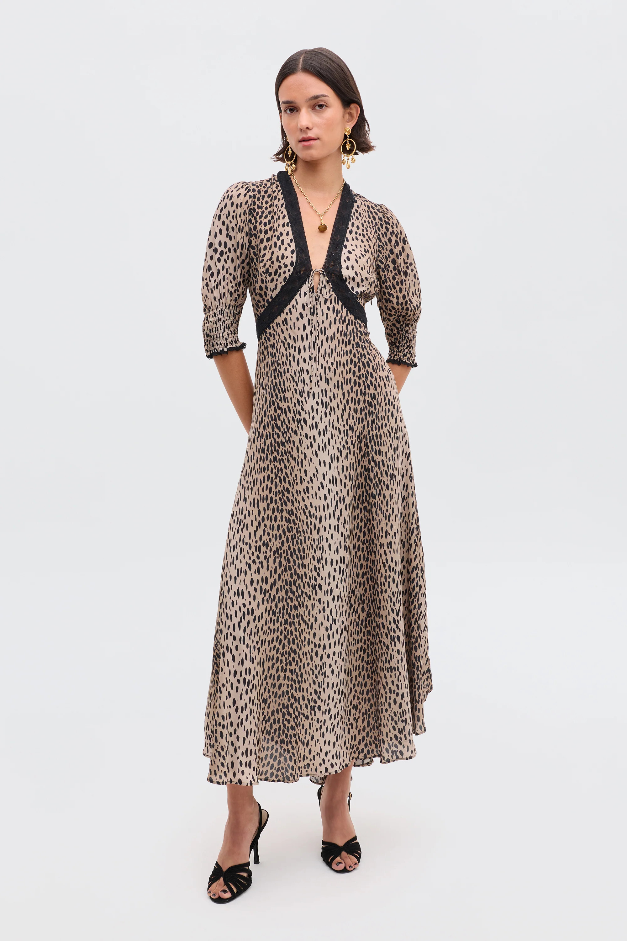 RIXO Amina - Antelope Spot Black Viscose Midi Dress Regular / XL/UK16 | Rixo