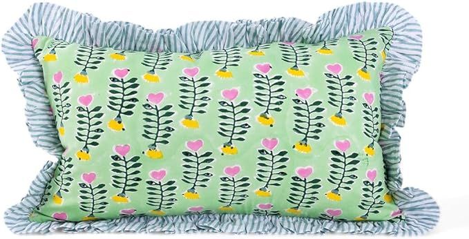 Julep Lumbar Pillow Cover - Handmade Throw Pillow Cover, Colorful Block Print Design & Striped Ru... | Amazon (US)