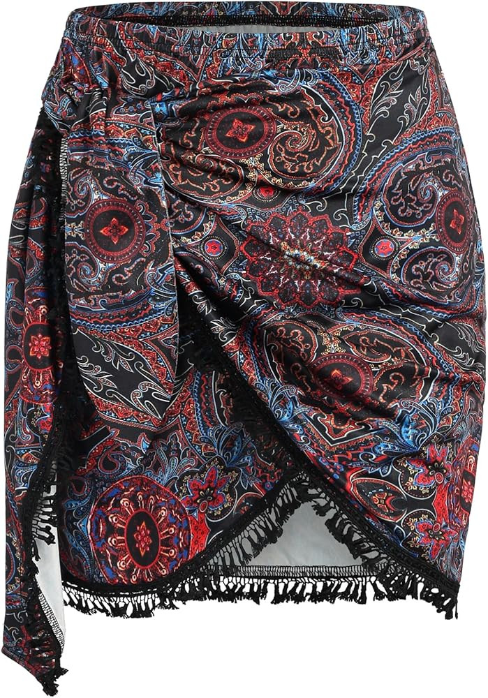 ZAFUL Slit Skirt for Women Boho Print Tie Side Wrap Tassel Casual Beach Mini Skirt | Amazon (US)