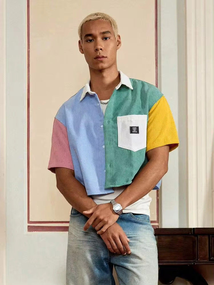 SWAVVY Men's Patchwork Corduroy Short Sleeve Shirt, Spring/Summer,Holiday,Daily Wear Shirt, Cargo... | SHEIN
