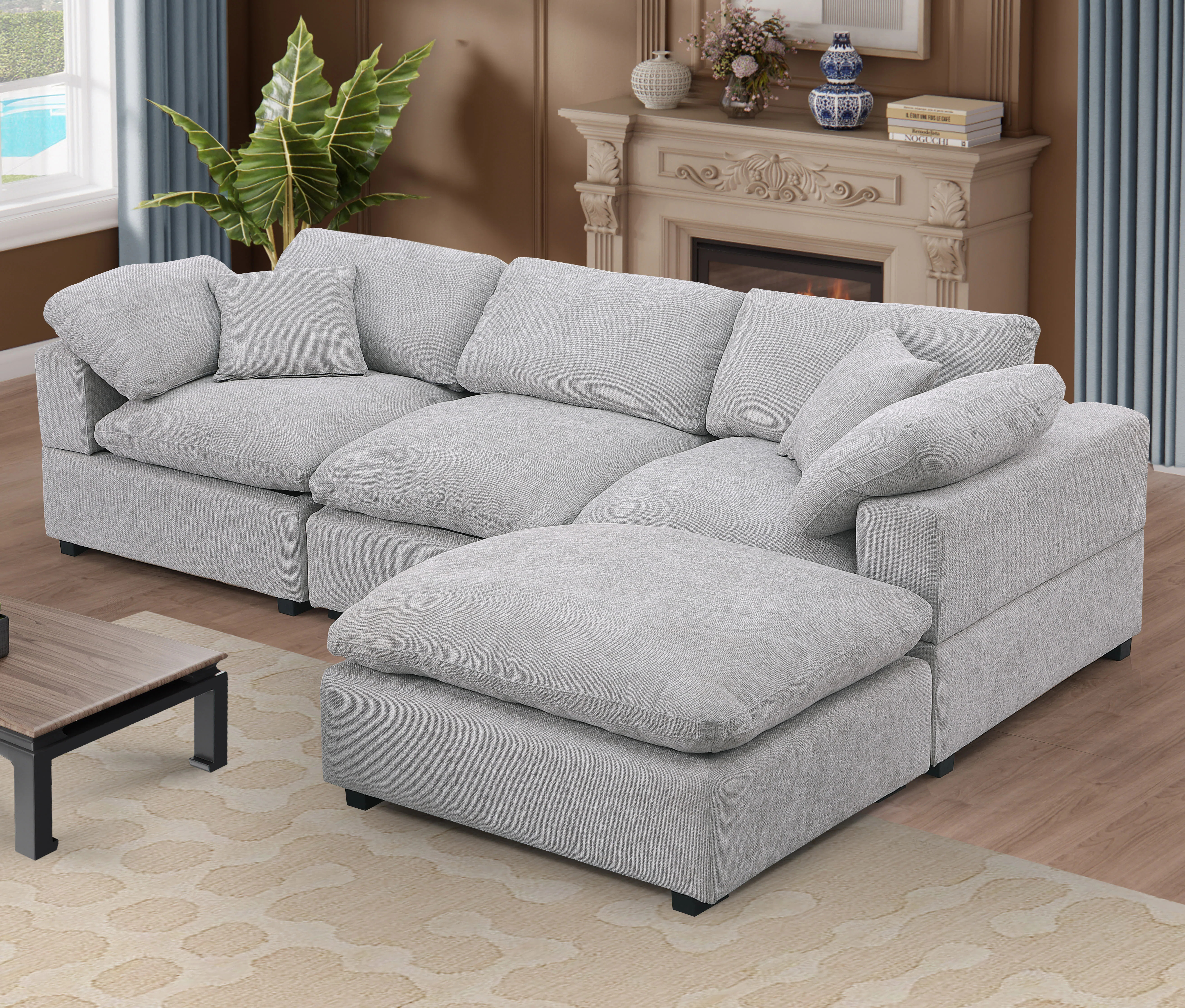 Caylob 4 - Piece Upholstered Chenille L Shaped Couch With Reversible Ottoman | Wayfair North America