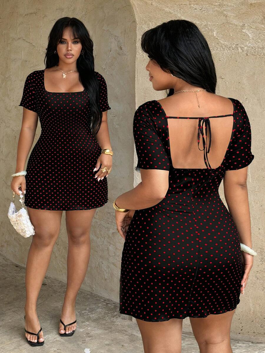 Rustia Plus Size Women's Black And Red Polka Dot Print Short Sleeve Mini Dress,1920s Flapper,Nigh... | SHEIN