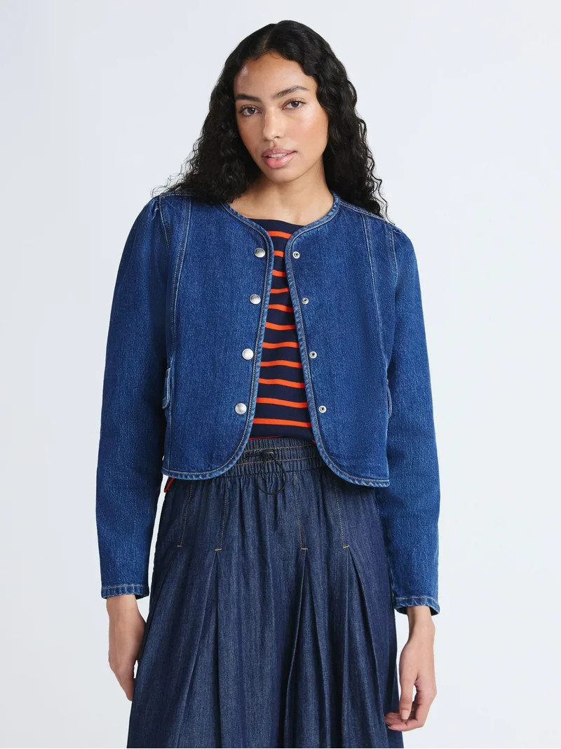 Free Assembly Women's Cropped Denim Jacket with Puff Sleeves, Sizes XS-XXL | Walmart (US)