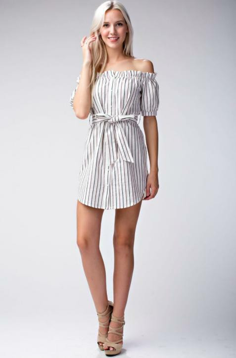 Smitten With You Striped Off-the-Shoulder Shirt Dress S | Boho Pink