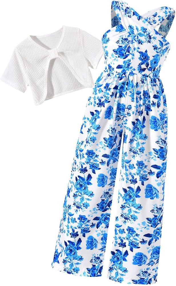 HIHA Girls Jumpsuit Kids Criss Cross Halter Romper With Short Sleeve Crop Tops Size 6-12 | Amazon (US)