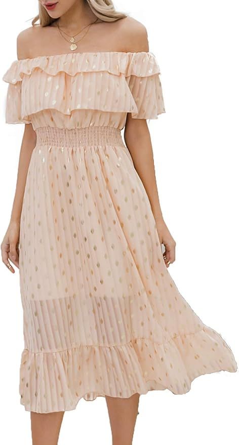 Simplee Women's Off Shoulder Ruffle Dress Casual Summer Pleated Flowy Party Midi Dresses | Amazon (US)