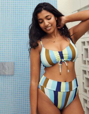 Aerie V Ruched Ribbed Scoop Bikini Top | American Eagle Outfitters (US & CA)