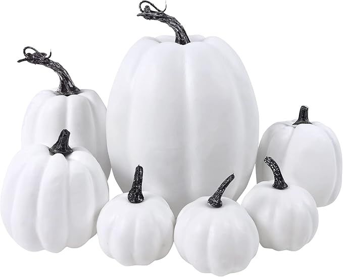 7 Pcs Artificial White Pumpkins, Fake Foam Large Plastic Pumpkin Decorations Halloween Pumpkins f... | Amazon (US)