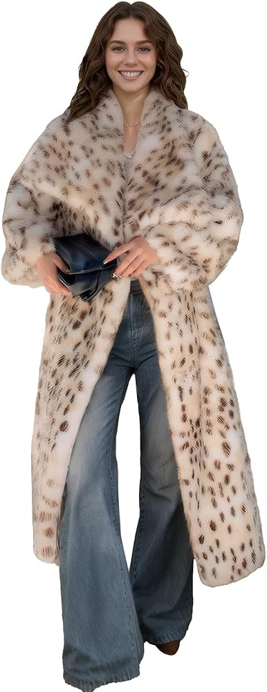 DJBM Women Faux fur Leopard Lapel Maxi Coat Cardigan Sexy Elegant Garment Pocketed with Belt for ... | Amazon (US)