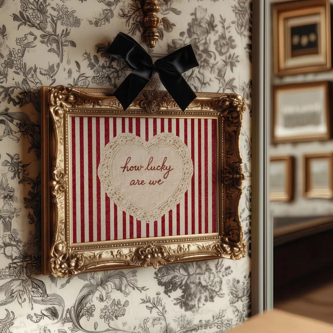 Vintage Stripe Wall Art, How Lucky Are We Romantic Print, Lace Heart Coquette Decor, Horizontal V... | Etsy (US)