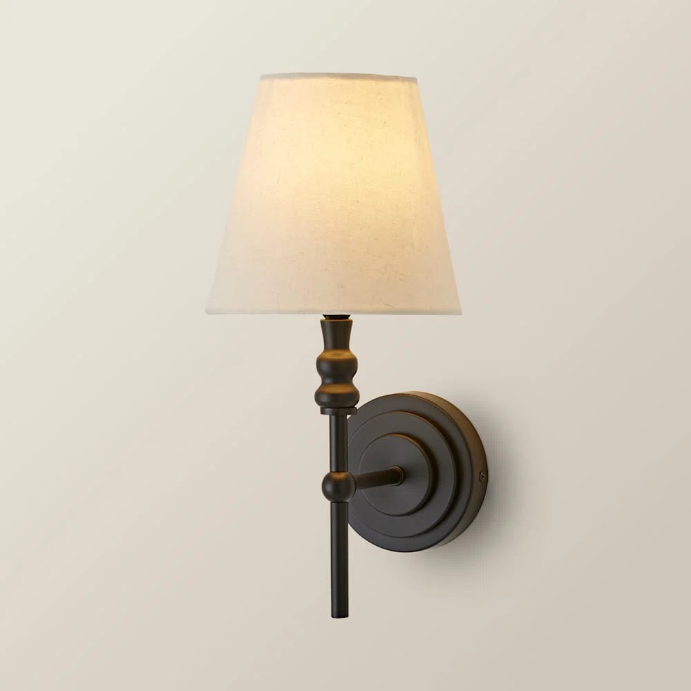 Maggie Pair of Black Candlestick Wall Lights with Linen Shade and Bulbs | Wayfair UK
