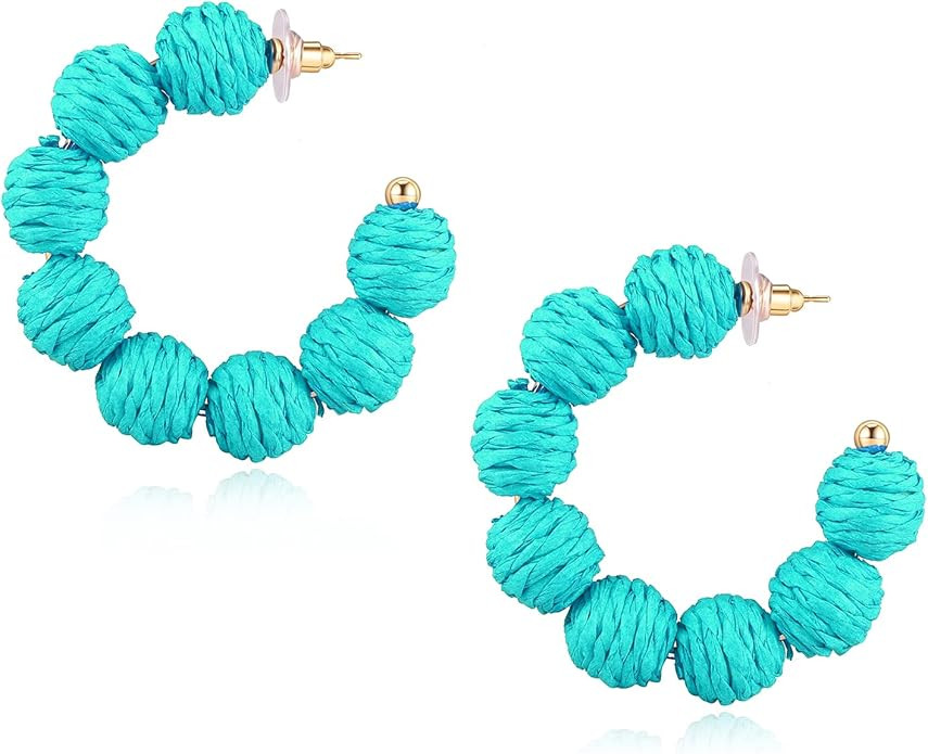 Raffia Hoop Earrings for Women - Boho Colorful Rainbow Beaded Bohemian Statement Rattan Circle Da... | Amazon (US)