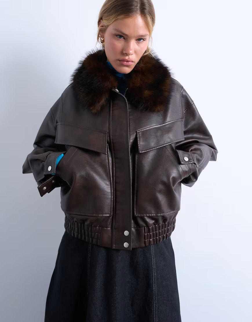 Topshop faux leather boxy zip through pocket bomber jacket with detachable fur collar in washed brown | ASOS (Global)