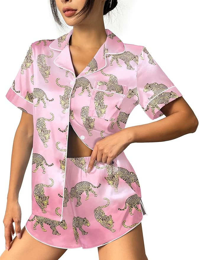 Ekouaer Womens Silk Satin Pajama Set Print Short Sleeve Sleepwear Button Down Pjs Shorts Set Loun... | Amazon (US)