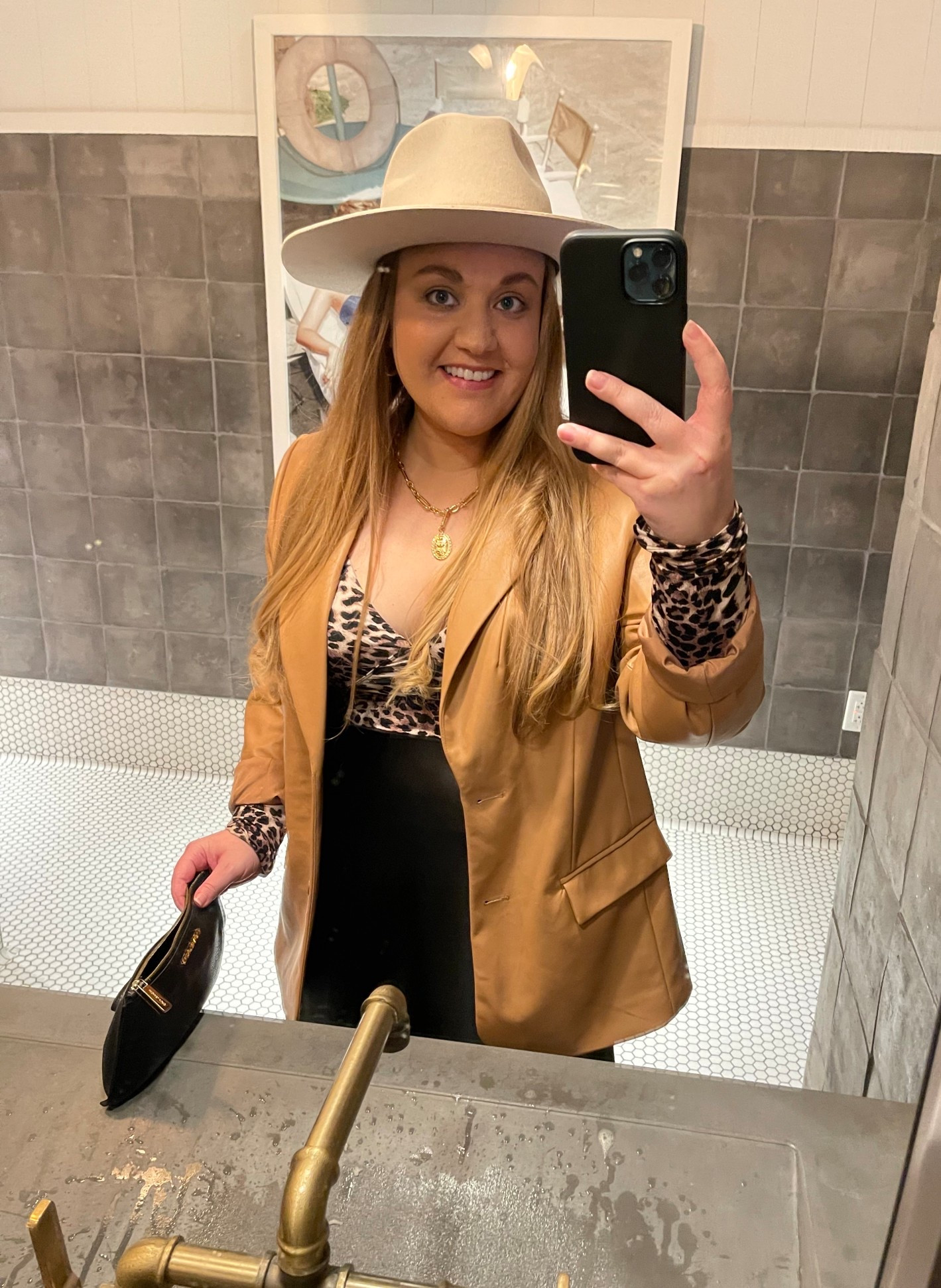 Nashville outfit, satin skirt, wide brim hat, western outfit, leopard top, black skirt, black cowboy boots, black western boots,  blazer, v neck top, western outfit￼￼

#LTKTravel #LTKootd #LTKMidsize