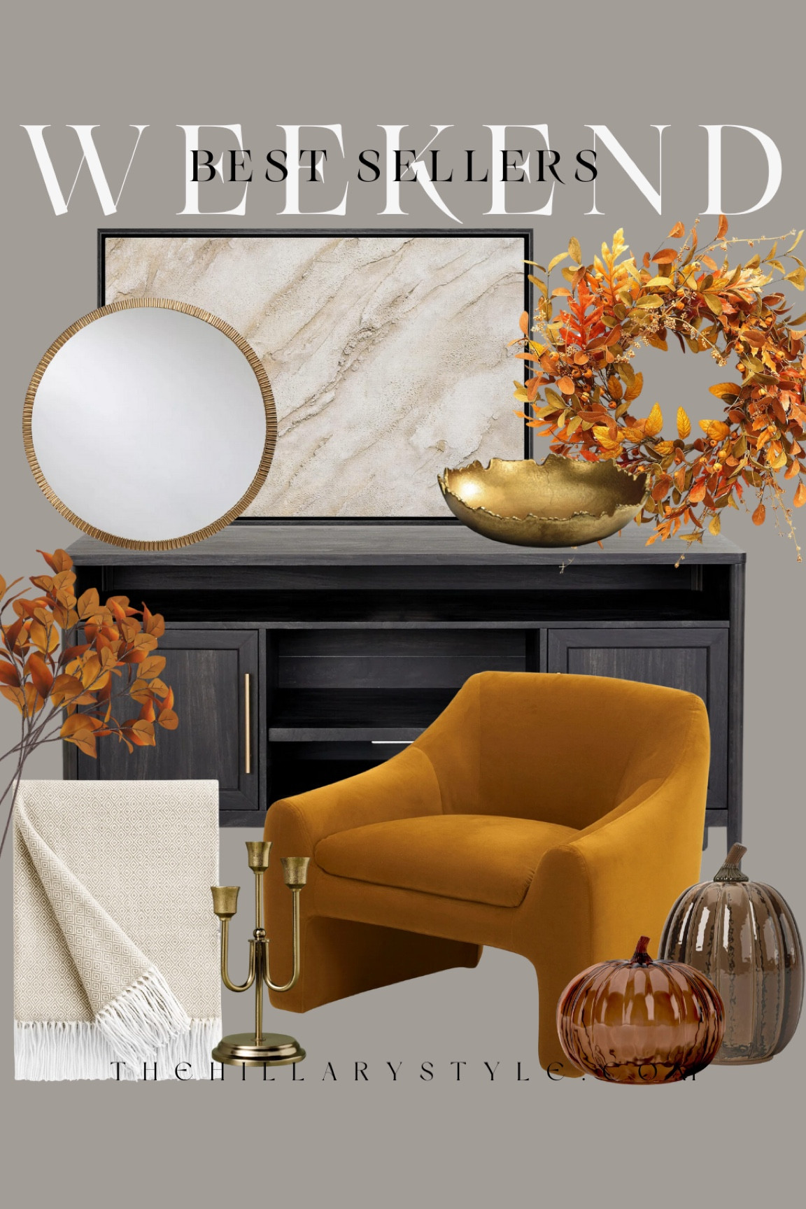 Weekend Best Sellers Home: Fall inspired decor from Amazon, Target, Pottery Barn, Wayfair, Walmart. Console, accent chair, fall wreath, faux florals, throw blanket, glass pumpkins, candlestick holders, round mirror, wall art, gold bowl. 

#LTKStyleTip #LTKFallSale #LTKHome