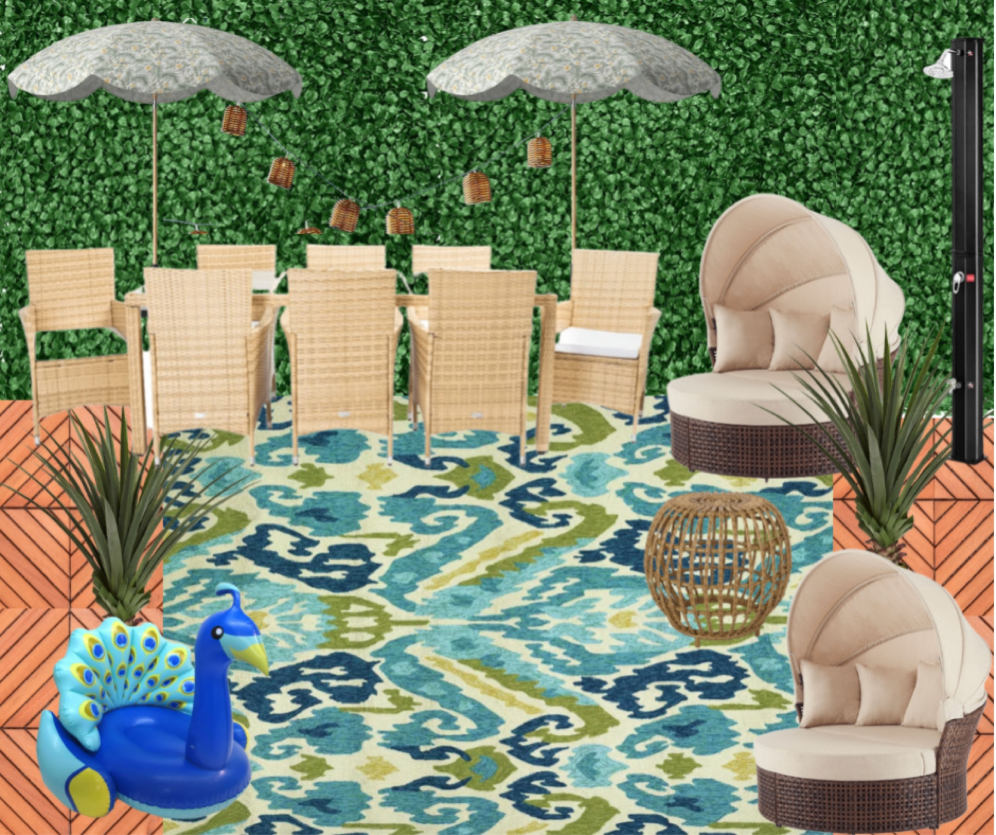 Pool party ideas!  Here are some amazing value adds for your outdoor pool area- outdoor daybeds, pool floats, faux plants, outdoor rugs, market umbrellas, string lights, outdoor dining furniture, deck tiles, outdoor shower and greenery panels!

#LTKSale #LTKhome #LTKSeasonal