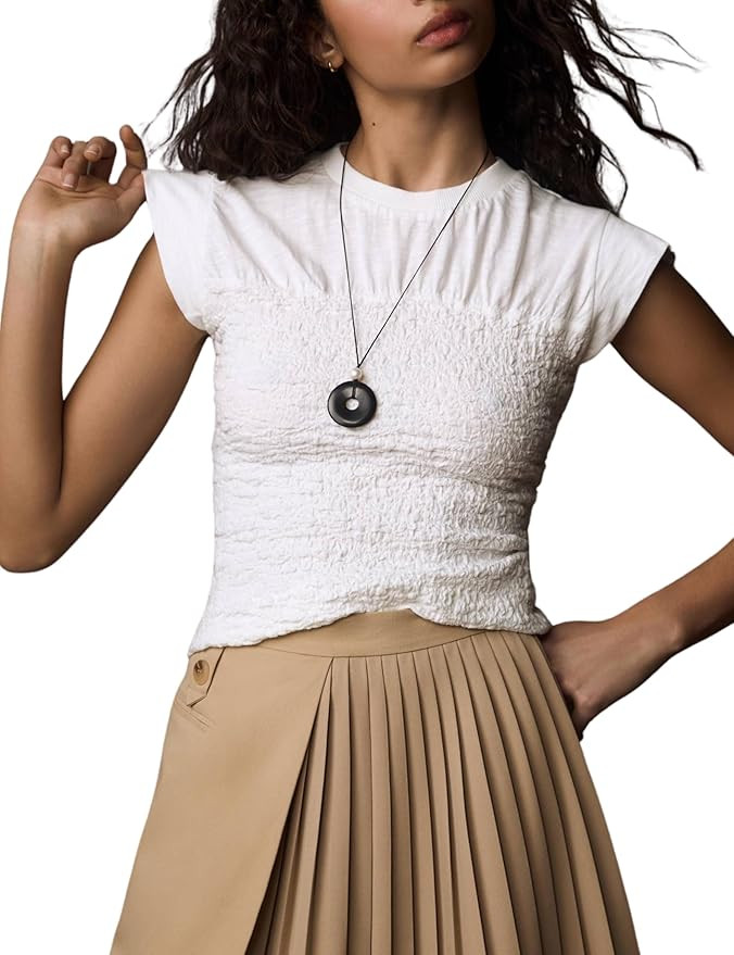 Womens Smocked Textured Slim Fit Top Cap Sleeve Casual Pullover Blouse | Amazon (US)