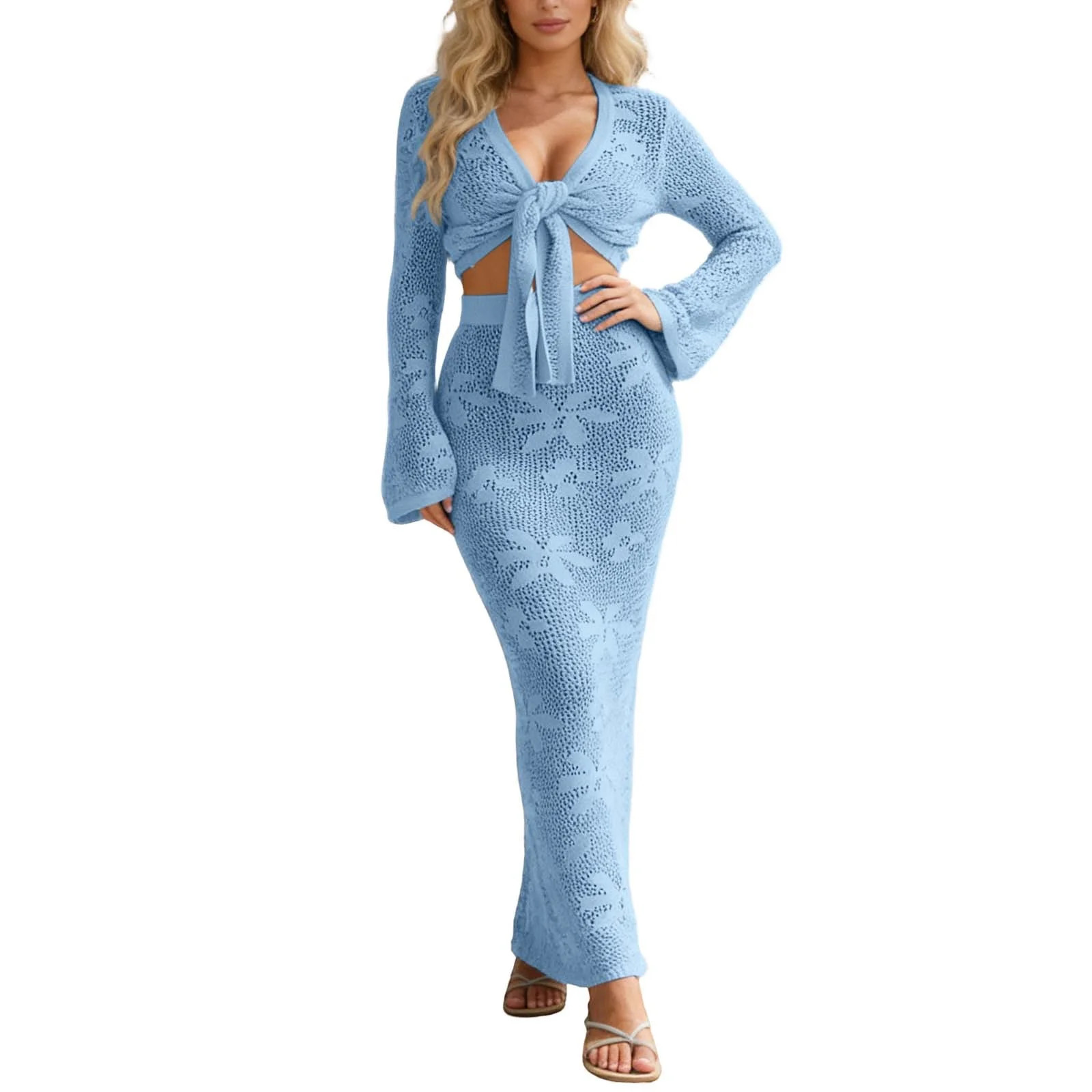 DHFJKG Womens Crochet 2 Piece Skirt Sets Summer Beach Outfits Long Sleeve V Neck Twist Front Crop... | Walmart (US)