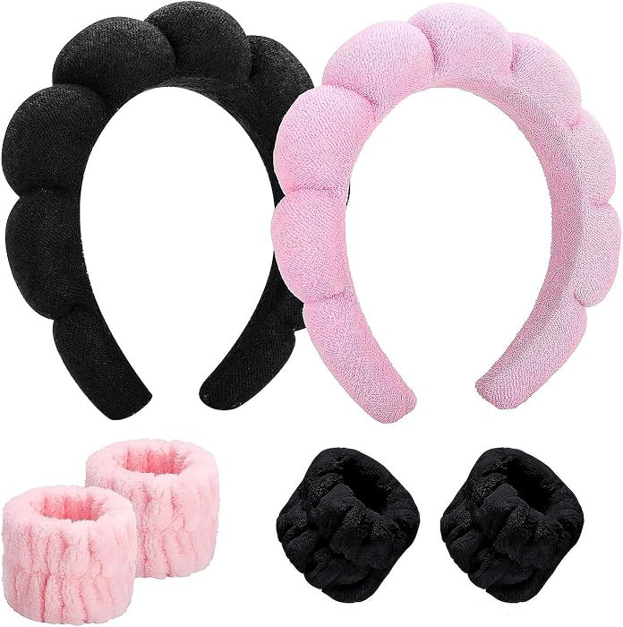 6-Piece Women's Hair Accessory Set: 2 Bubble Headbands + 4 Wristbands (Pink + Black) for Face Was... | Amazon (CA)