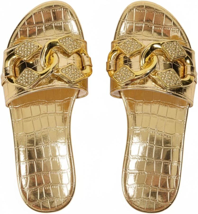 OYOANGLE Women's Gold Chain Crocodile Embossed Sandals Dressy Metallic Flats Open Toe Slides | Amazon (US)