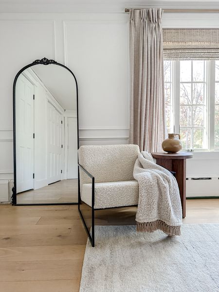 Bedroom floor mirror, boucle chair, cozy throw blanket, curtains, rods, pedestal wood table. 

Use code EASTCOAST44 for 20% off my boucle chair and table. 

#LTKsalealert #LTKhome #LTKMostLoved
