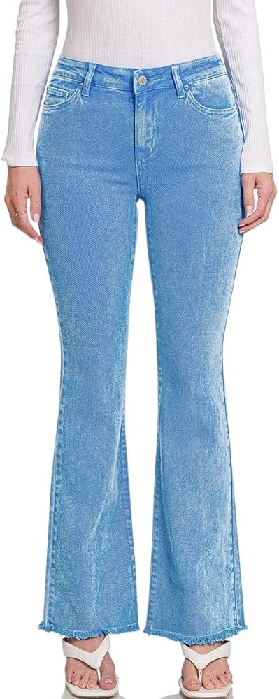 Zenana Colored Denim Flares with Frayed Hem Jeans | Amazon (US)